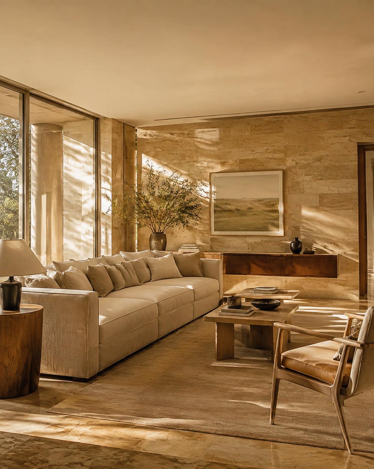 Sunlit luxury residential living room with travertine walls and a linen sofa